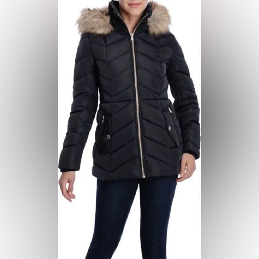 London Fog medium black winter jacket coat faux fur hood